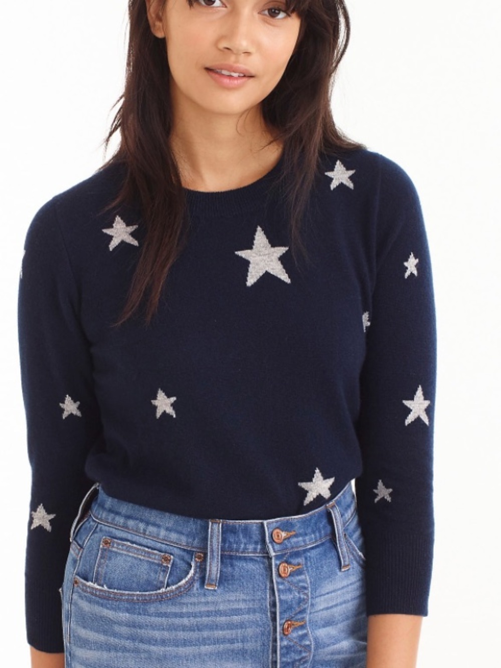 J. Crew 100% cashmere Navy Crewneck Sweater with Star Motif size L